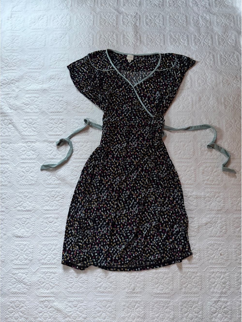 Women's Black Multicolored Polka Dot Wrap Dress with V-Neck,